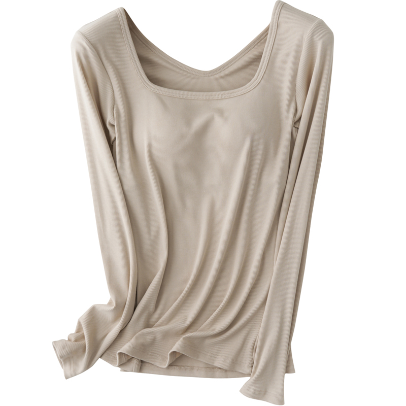 带胸垫秋衣女内穿保暖衣打底衫内衣女薄款内搭单件方领上衣可外穿 - 图3