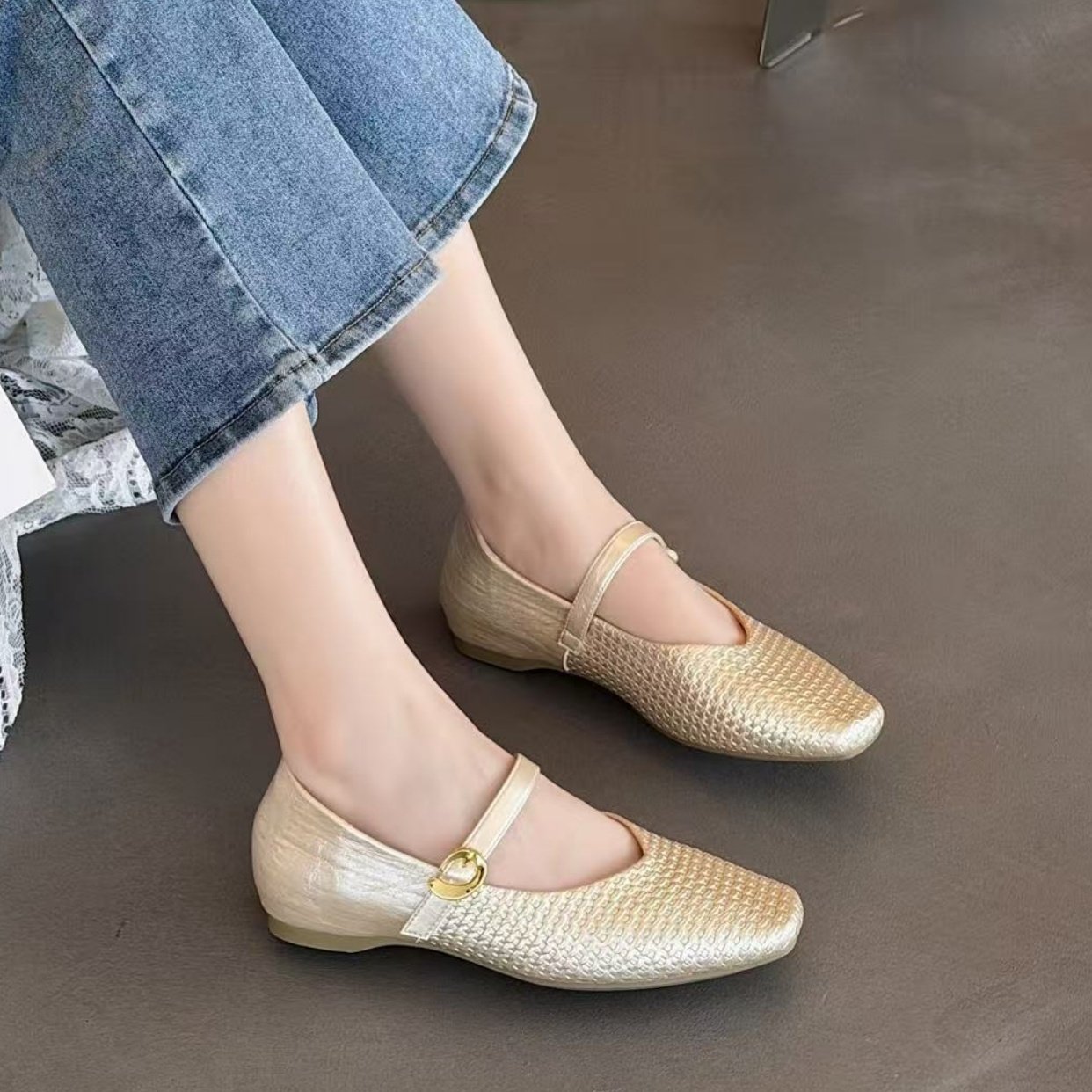 18法式复古风方头玛丽珍鞋女2026年春季新款编织纹理平底百搭单鞋,淘宝优惠券,粉丝福利购,淘宝优惠卷