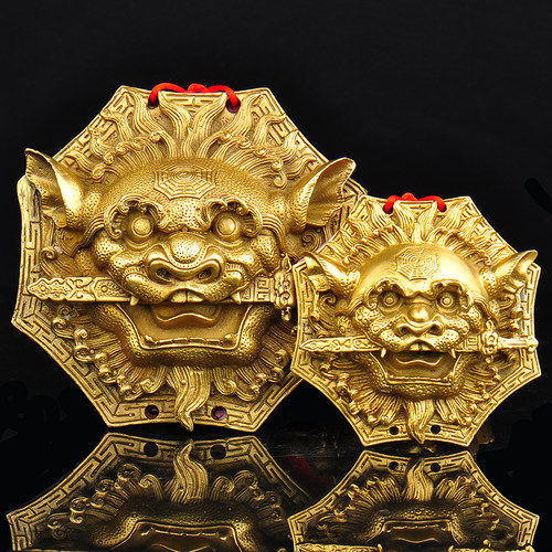 普生缘大小黄铜狮咬剑铜狮子兽头摆件挂件门饰家居客厅装饰品 - 图2