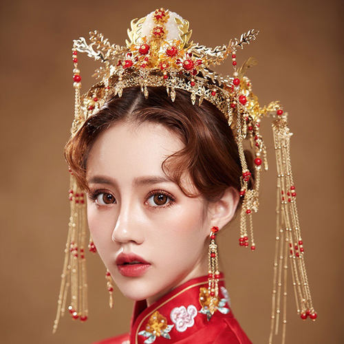 新娘头饰中式汉服古装金色龙凤褂秀禾服配饰凤冠霞帔发饰结婚饰品 - 图0
