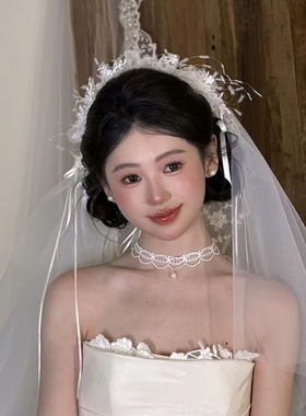 森系超仙新娘羽毛花朵发箍