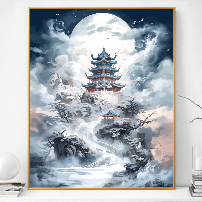 云顶天宫画画diy数字油画填充填色手绘手工中国风油彩中式装饰画