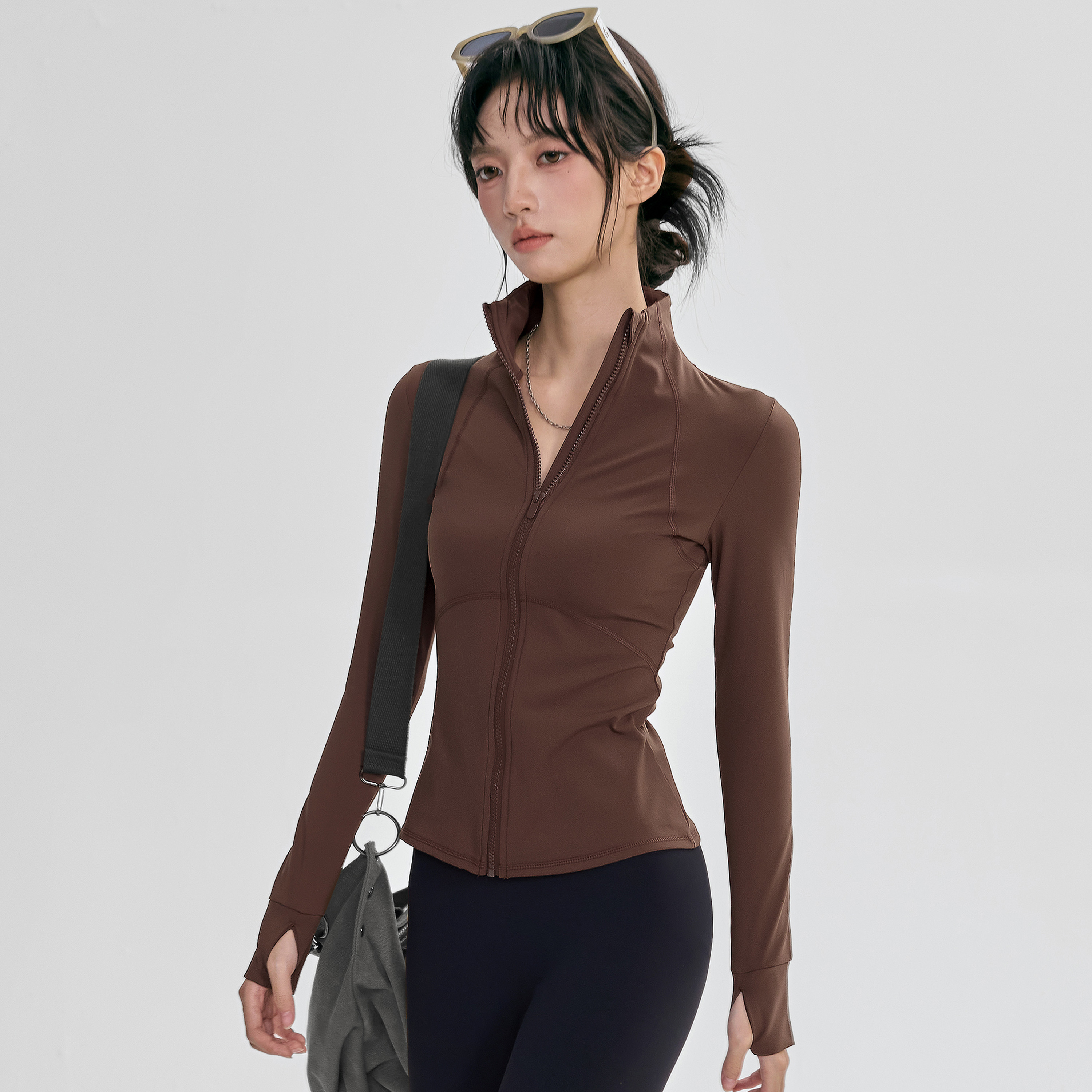 秋冬薄绒瑜伽服外套女立领修身运动上衣显瘦普拉提训练健身长袖新 - 图0