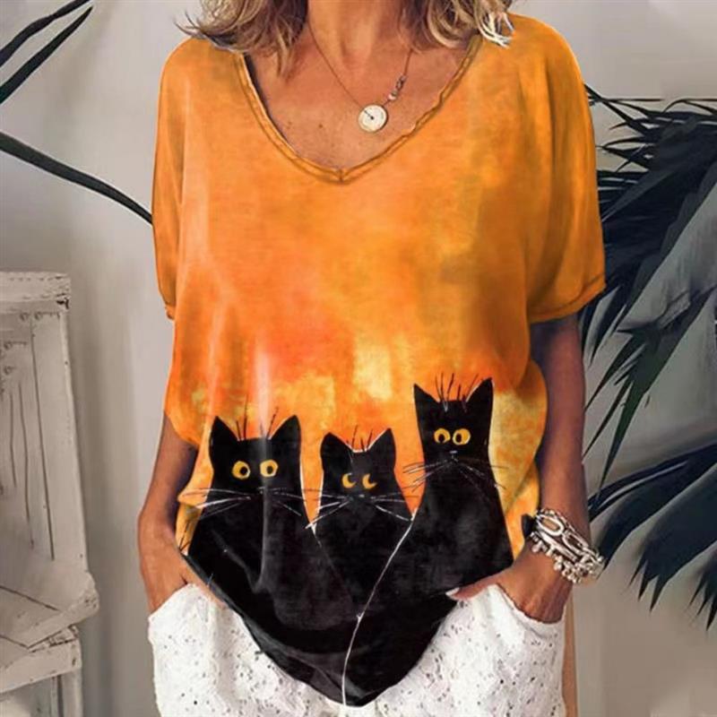 Retro Womens T Shirt Anime Cat Graphic Girl Clothes Summer - 图0