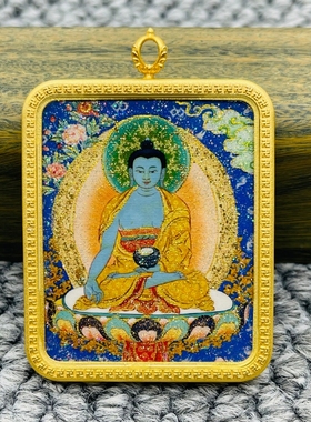正品洒金手绘药师佛唐卡佛牌护身符吊坠牌金色噶乌盒