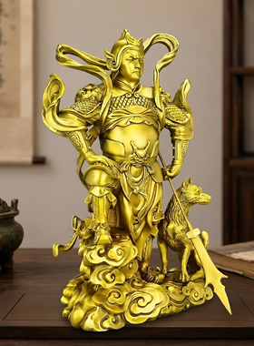 铜二郎神神像摆件黄铜杨戬二郎真君带哮天犬家用供奉神像铜器摆设