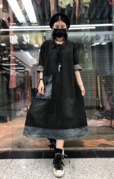 Nostalgic retro large size denim dress loose mid-length skirt fat mm slimming long-sleeved robe 2021 spring and autumn