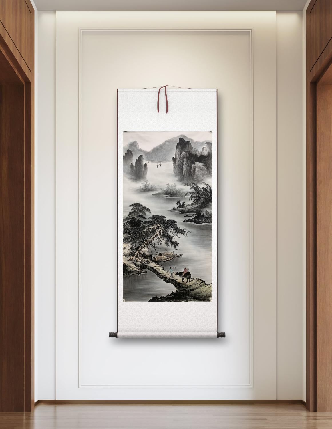 定制纯手绘山水画 牧牛图玄关国画 现代客厅茶室水墨画办公室挂画