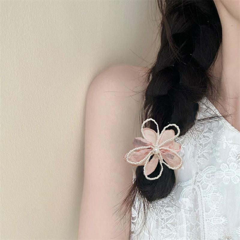 【花仙精灵】粉色温柔网纱花朵发夹旅行发卡珍珠鸭嘴夹侧边夹女 - 图1