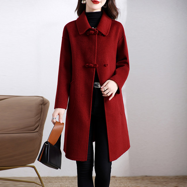 2024 new double-sided fleece coat for women mid-length Korean version of mother new Chinese wool slimming jacket autumn and winter