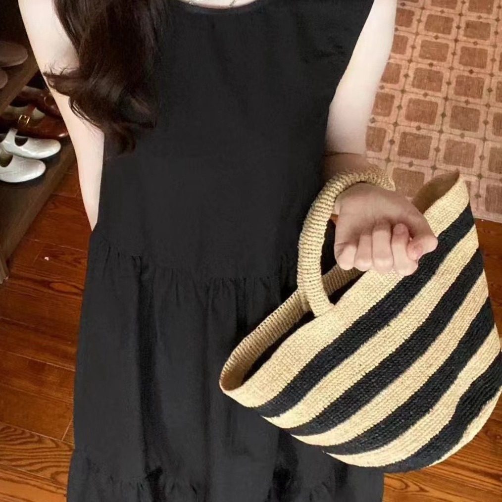 韩版夏季新款通勤条纹拉菲草草编包出游度假手提包草包休闲水桶包,淘宝优惠券,粉丝福利购,淘宝优惠卷