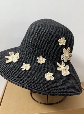 日系新款手钩拉菲草花朵渔夫帽女海边度假遮阳防晒草帽可折叠盆帽