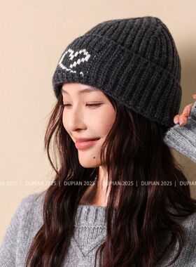 100%美利奴羊毛针织帽子女秋冬保暖毛线帽少女爱心翻边帽包头帽潮
