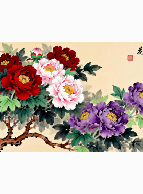 新中式牡丹花装饰画卧室无框画芯壁画贴纸花卉客厅背景墙贴