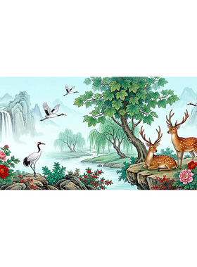 中式山水风景装饰画客厅无框自粘贴纸画鹿鹤延年好寓意长寿壁画