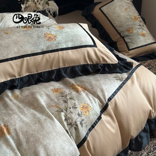 香榭曼卡︱法式复古印花天丝棉磨毛四件套高级小众花边被套床品2m - 图2