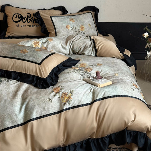 香榭曼卡︱法式复古印花天丝棉磨毛四件套高级小众花边被套床品2m - 图0