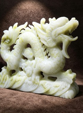 桌面高端天然蓝田玉石青龙形摆件