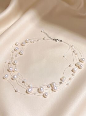 Pearl necklace淡水真珍珠项链大小相间多层手工鱼线锁骨轻奢女