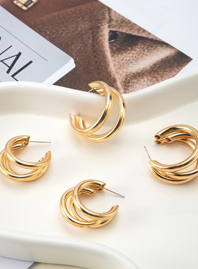 Circular C-shaped earrings金属三管圆圈c形耳环耳饰女夸张耳钉