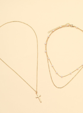 Pearl collarbone chain人造珍珠锁骨链十字架复古多层叠戴项链女