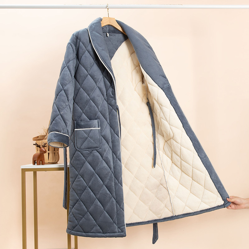 秋冬季男士加绒三层夹棉长款睡袍 丝萝春秋睡袍/浴袍