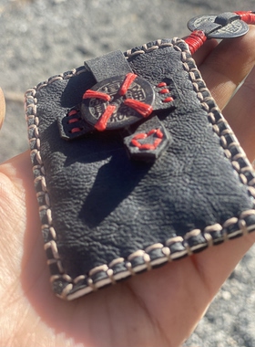 国学道家用品 复古铜钱小皮袋 牛皮钥匙扣 真皮嘎乌盒