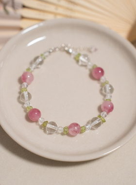 「落日樱花」天然樱花雨蔷薇石白水晶橄榄石手串新中式纯银手链