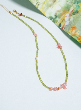 《荷盖新叶》国风新中式天然绿橄榄石粉晶真珍珠项链女锁骨链文艺