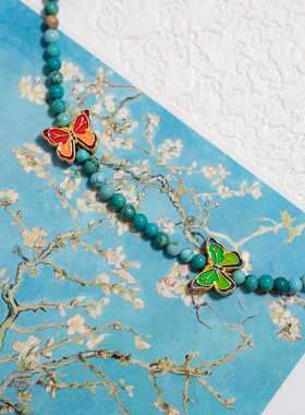 庄周梦蝶天然绿松石项链女新中式国风珐琅蝴蝶锁骨链国潮小众个性