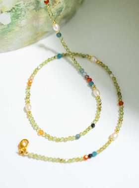 原创捡菌子天然橄榄石串珠项链