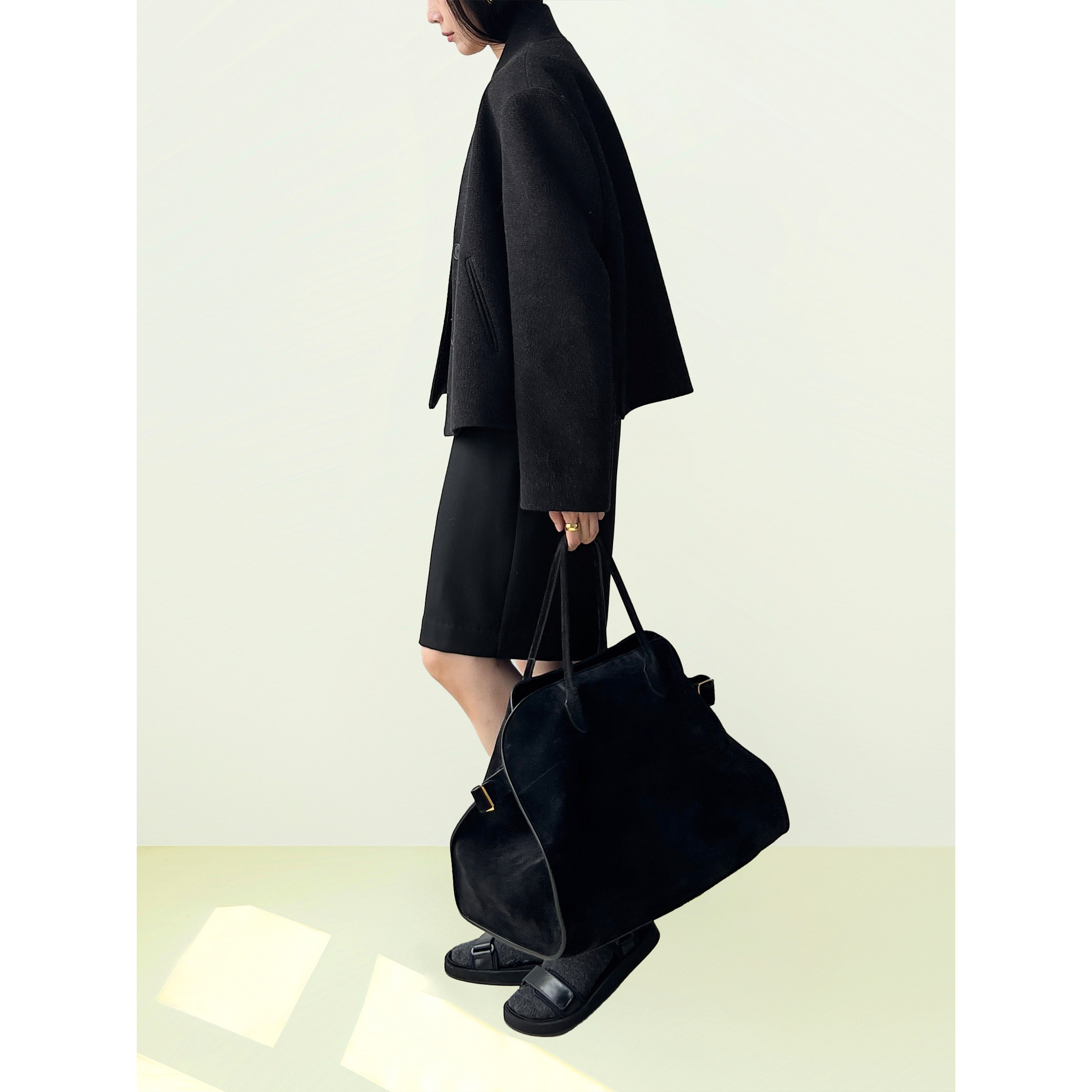 Plain Sight 黑灰羊毛连立领短外套/中腰萝卜裤 - 图0