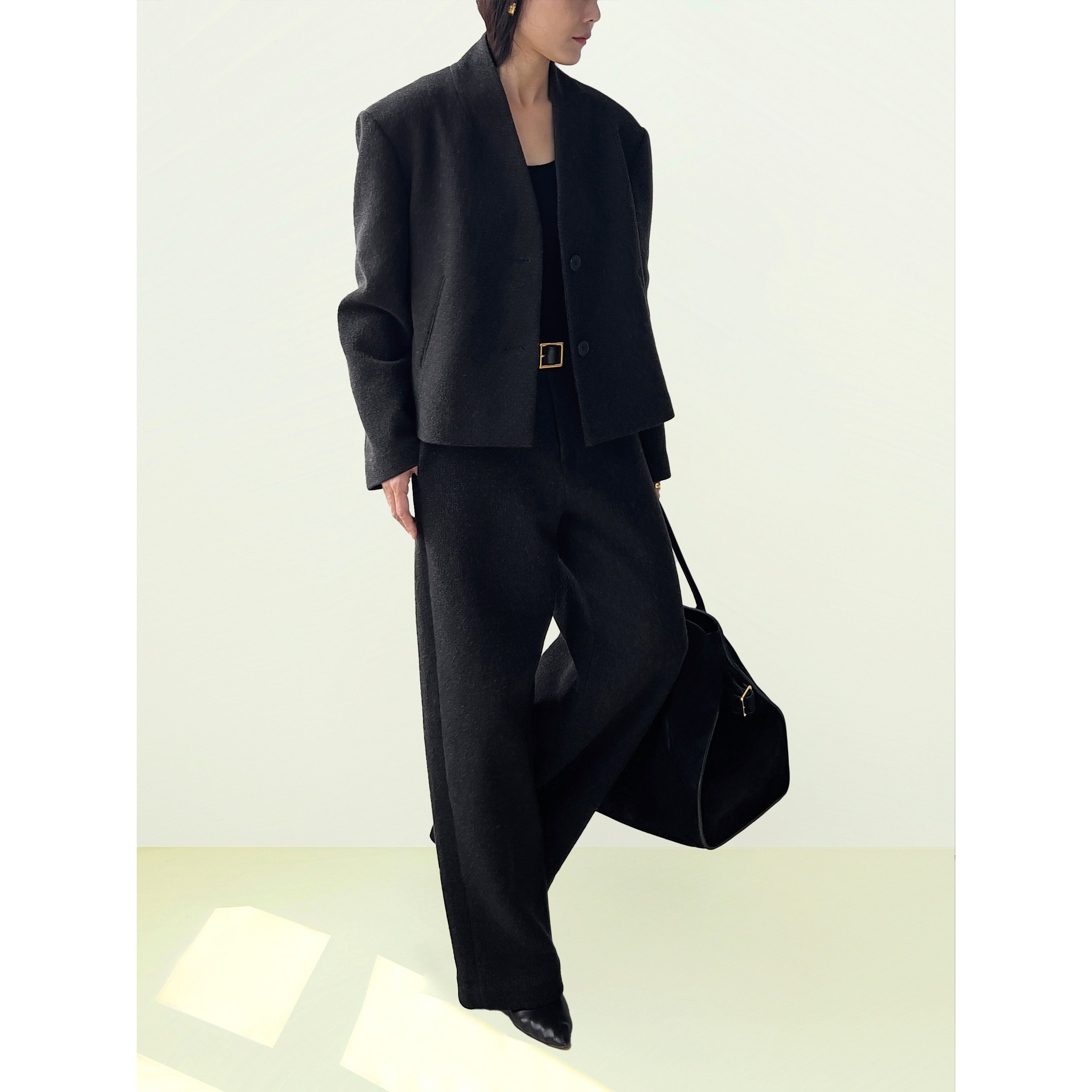 Plain Sight 黑灰羊毛连立领短外套/中腰萝卜裤 - 图2