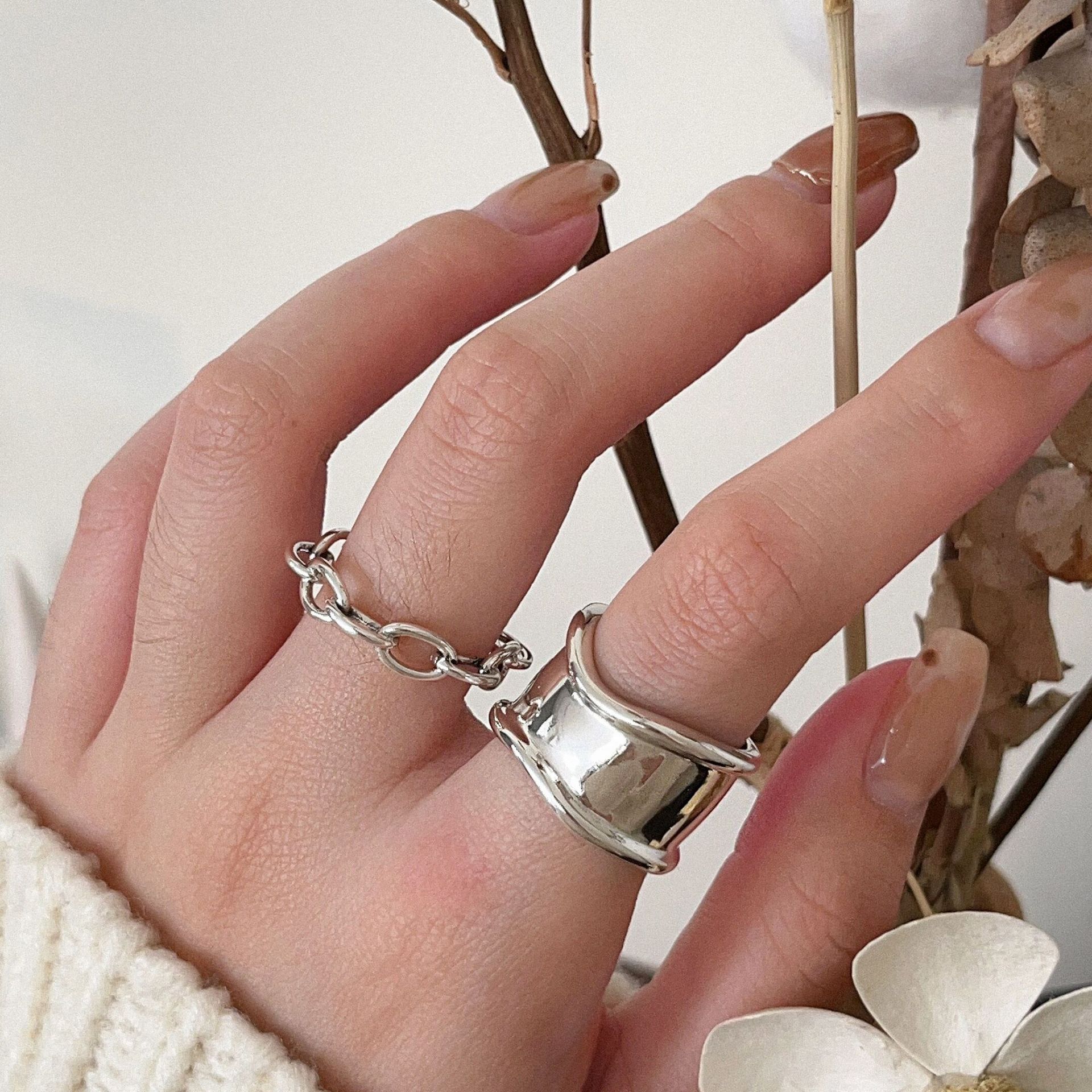 银瑞泰s925纯银链条戒指女时尚ins潮素圈组合叠戴冷淡风指环 - 图1
