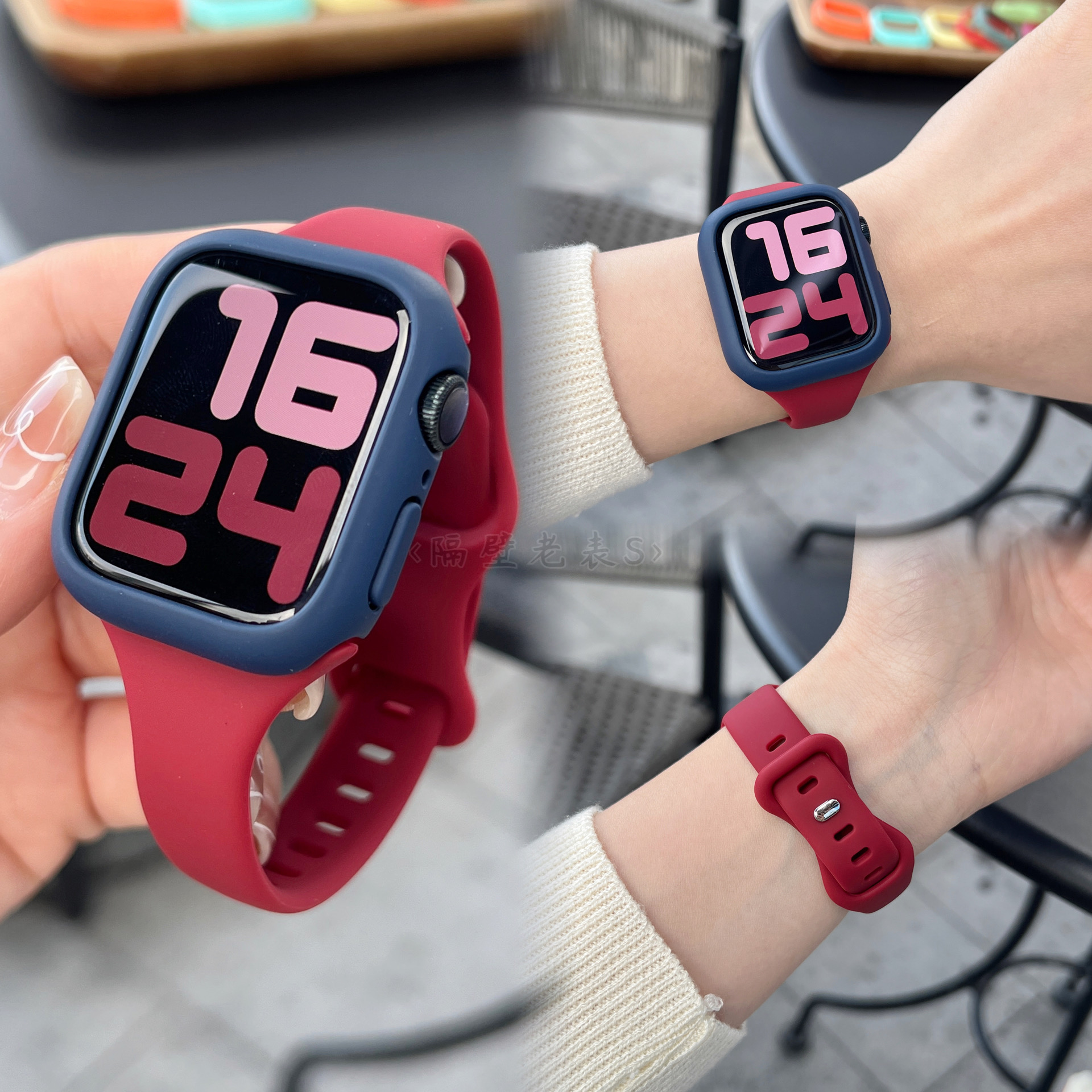 适用苹果手表带Apple watch9细款硅胶蝴蝶扣+PC壳iwatch87se2运动 - 图0