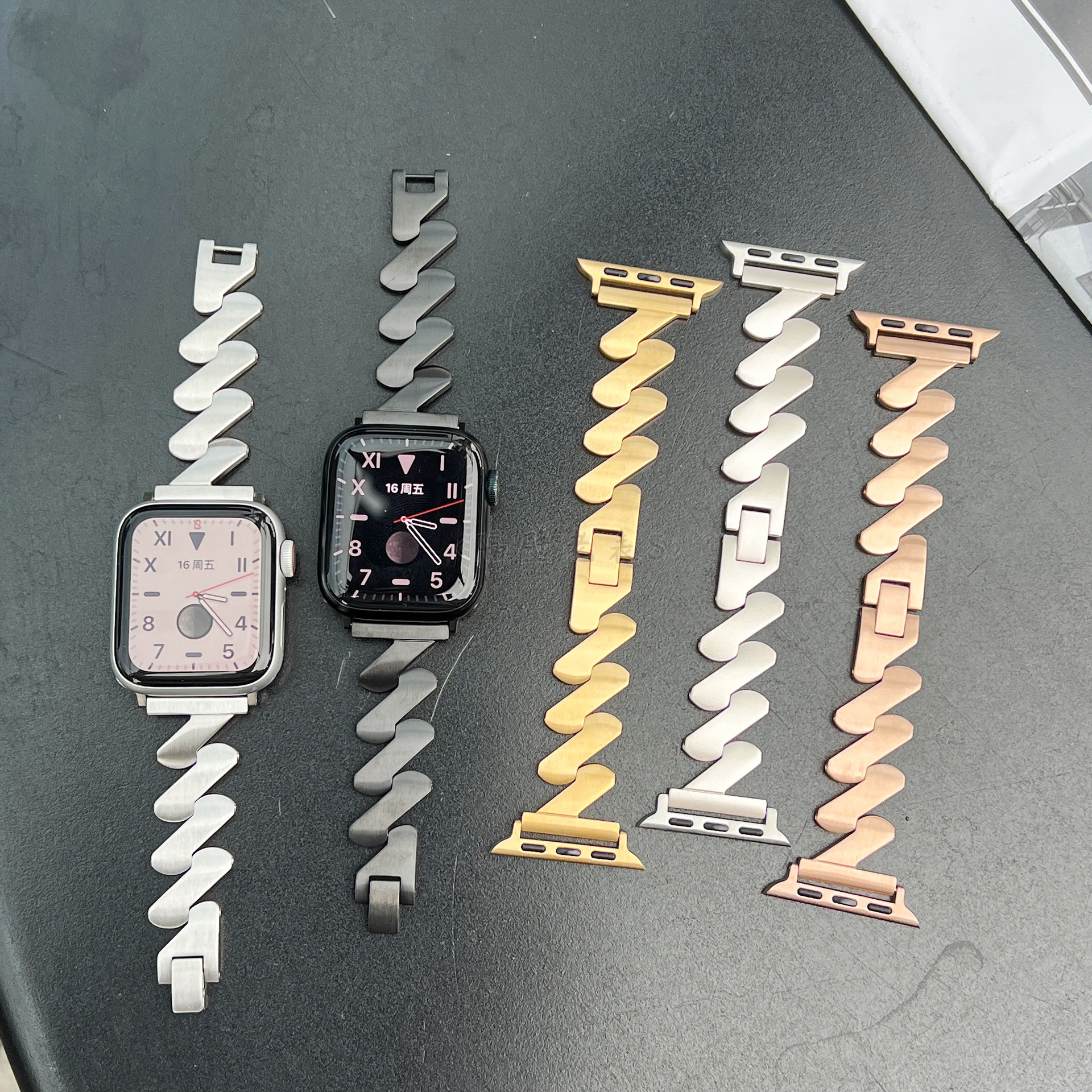 新款波浪纹不锈钢链条适用苹果手表S9表带Apple watch8星光色哑光-图1