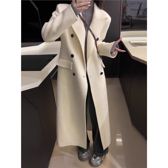 Off-white Hepburn style double-sided cashmere coat for big women autumn and winter 2025 new high-end mid-length woolen coat