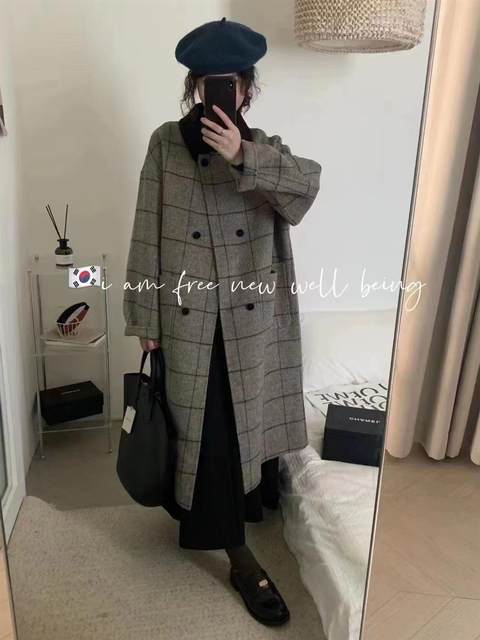 人字纹双面呢羊绒大衣女新款加厚外套中长款冬季格子复古毛呢外套