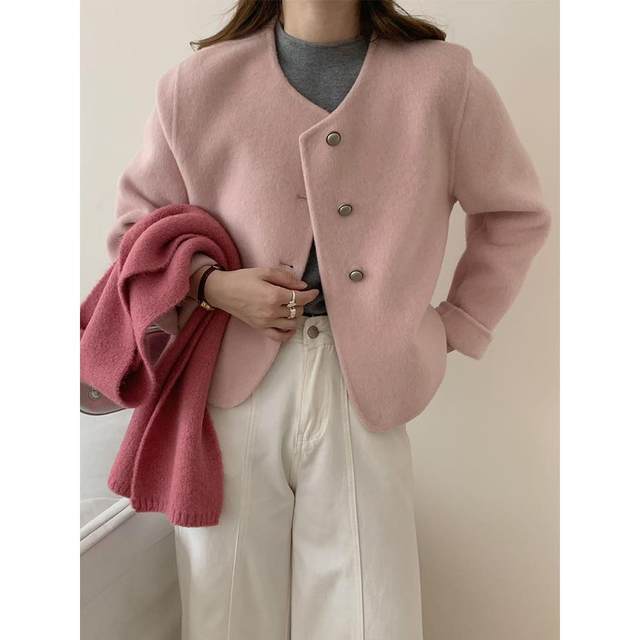 2025 Xiaoxiangfeng Double-sided Cashmere Coat Women's Short Style Korean Style Round Neck Woolen Coat Versatile New Style
