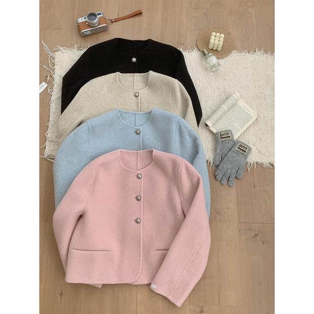 2025 Xiaoxiangfeng Double-sided Cashmere Coat Women's Short Style Korean Style Round Neck Woolen Coat Versatile New Style