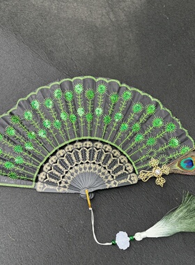 跨境folding fan孔雀羽毛蕾丝折扇cos刺绣扇扇子旗袍走秀古风汉服