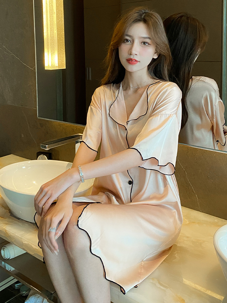 2024新款网红睡裙女夏季薄款真丝短袖衬衫睡裙凉感桑蚕丝家居服 - 图2