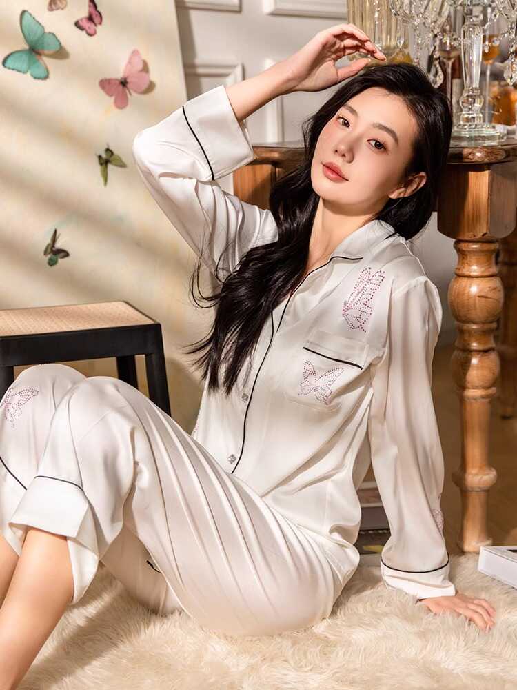 桑蚕丝19姆米睡衣女春秋夏季烫钻蝴蝶薄款长袖高级感家居服可外穿 - 图3