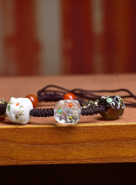 纯手工编织手搓绳手链藏式文玩琉璃阿呆南红玛瑙黄财神唐卡配饰