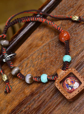 纯手工编织手绳可调节藏式文玩药师线珠玛瑙配饰普贤菩萨吊坠手链