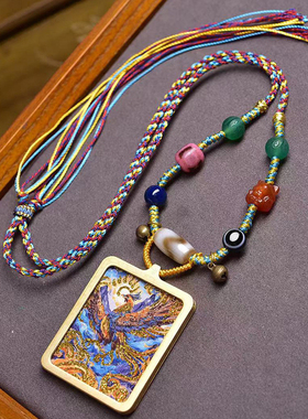 藏式文玩九紫离火唐卡佛牌吊坠扎基拉姆挂坠毛衣链手工编织绳项链