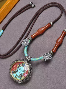 手工编织手搓绳项链随身小唐卡扎基拉姆吊坠绿度母挂坠佛牌毛衣链