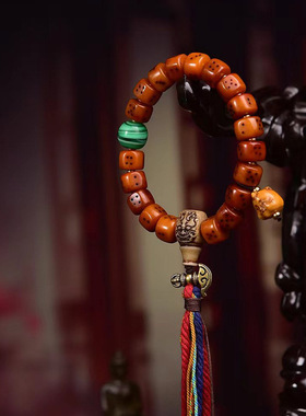 藏传回流雕刻骰子文玩手串老铜背云卡子配饰藏式骆驼骨单圈手链