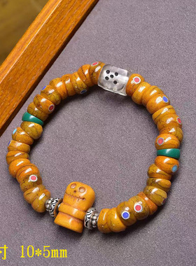 藏传回流牦牛骨大肠珠手串单圈藏式文玩佛珠三七银配饰复古手链