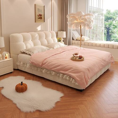 雪尼尔绒布泡芙床网红ins风布艺床现代简约小户型气压储物双人床 - 图0